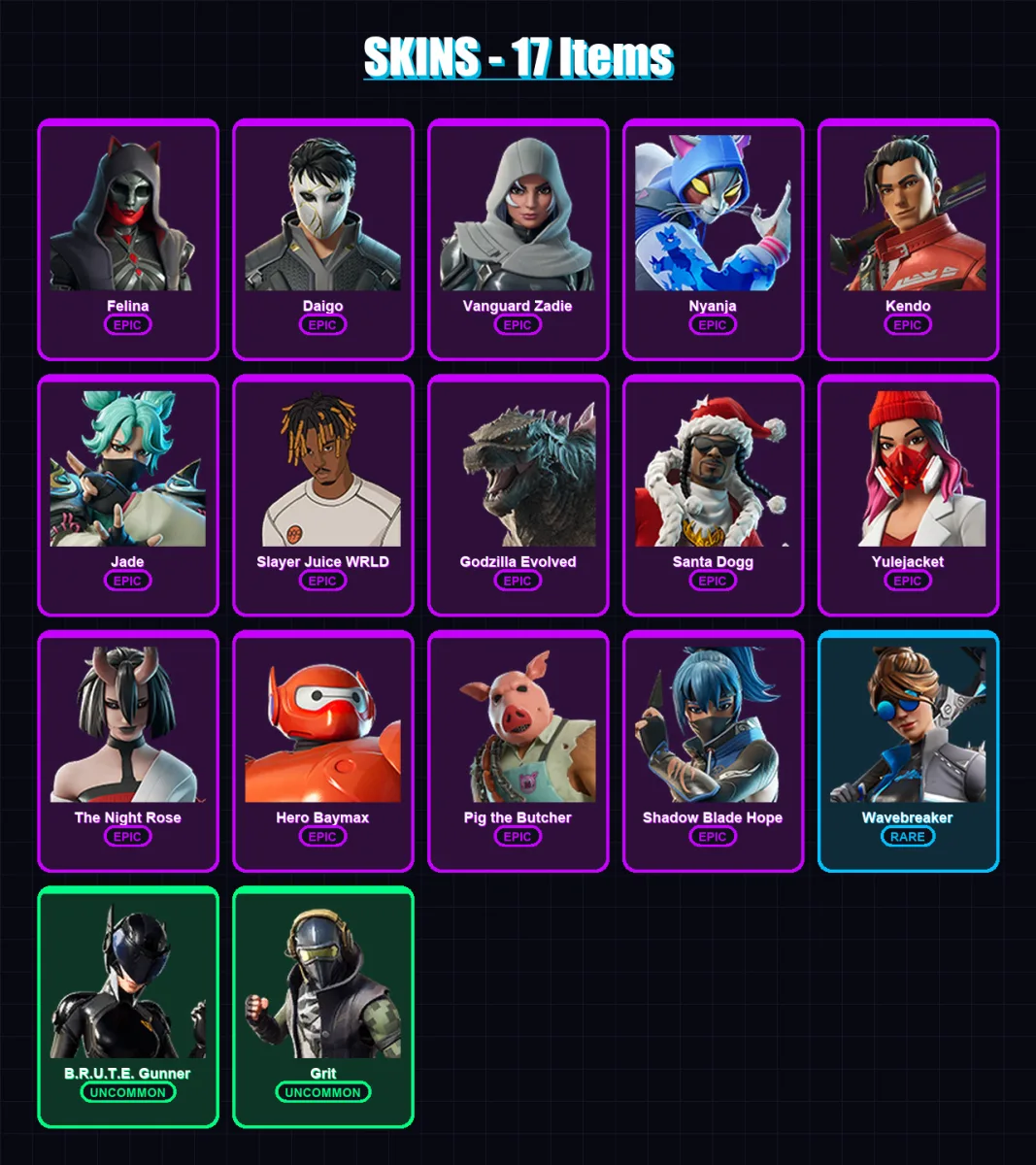 [PC/XBOX] | Felina | Daigo | Vanguard Zadie | Nyanja | Kendo | 17 skin | 52 pickaxe | 27 emote | 34 glider | Lv759