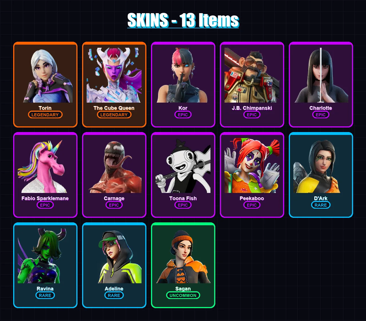 [PC/XBOX/PSN] | Torin | The Cube Queen | Kor | J.B. Chimpanski | Charlotte | 13 skin | 14 pickaxe | 12 emote | 8 glider | Lv133