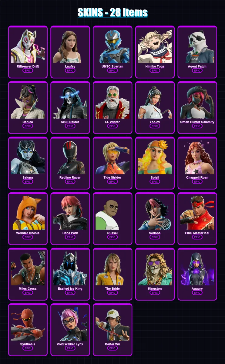 [PC/XBOX/PSN] | Riftreaver Drift | Laufey | UNSC Spartan | Himiko Toga | Agent Patch | 28 skin | 33 pickaxe | 26 emote | 16 glider | Lv98