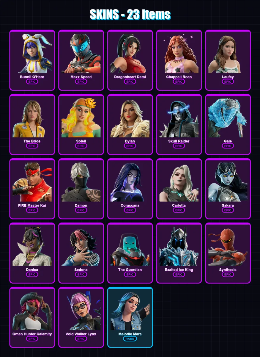 [PC/PSN] | Bunnii O'Hare | Maxx Speed | Dragonheart Demi | Chappell Roan | Laufey | 23 skin | 12 pickaxe | 2 emote | 2 glider | Lv16