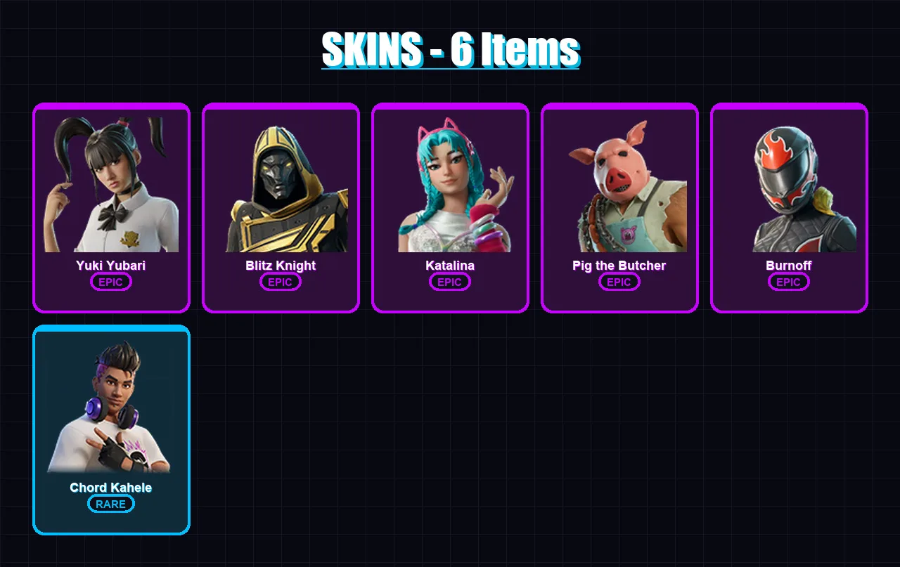 [PC/PSN] | Yuki Yubari | Blitz Knight | Katalina | Pig the Butcher | Burnoff | 6 skin | 31 pickaxe | 14 emote | 19 glider | Lv208