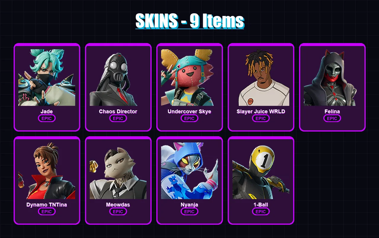 [PS4/PS5/XBOX/PC] | Jade | Chaos Director | Undercover Skye | Slayer Juice WRLD | Felina | 9 skin | 18 pickaxe | 9 emote | 12 glider | Lv148