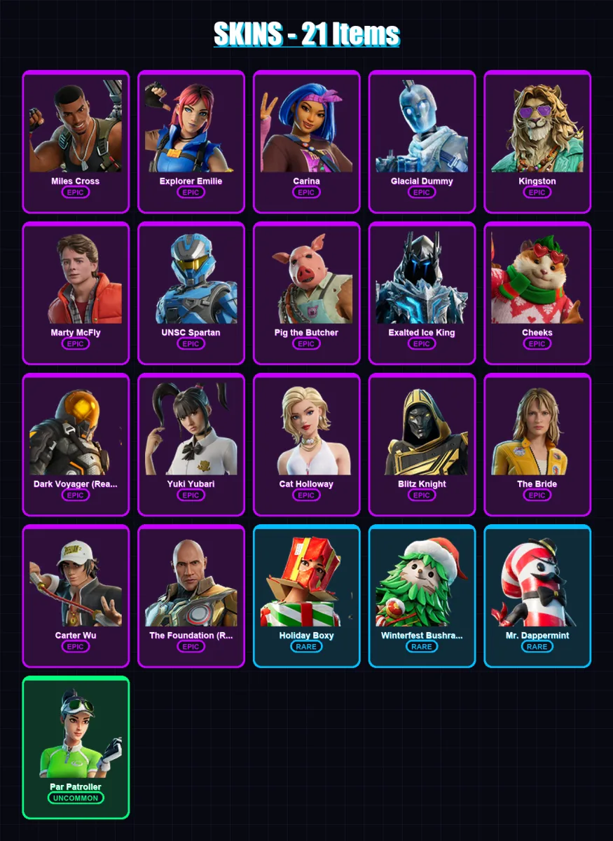 [PC/XBOX/PSN] | Miles Cross | Explorer Emilie | Carina | Glacial Dummy | Kingston | 21 skin | 58 pickaxe | 28 emote | 40 glider | Lv457