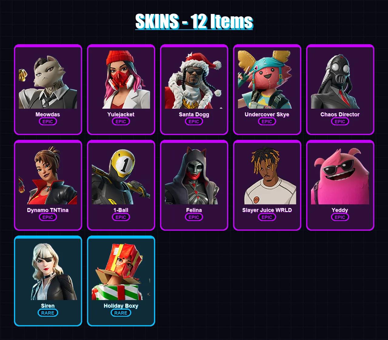 [PC/XBOX/PSN] | Meowdas | Yulejacket | Santa Dogg | Undercover Skye | Chaos Director | 12 skin | 39 pickaxe | 30 emote | 28 glider | Lv1426