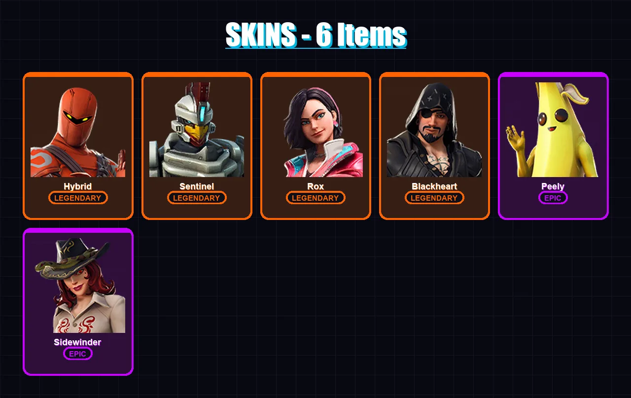 [PS4/PS5/XBOX/PC] | Hybrid | Sentinel | Rox | Blackheart | Peely | 6 skin | 6 pickaxe | 10 emote | 9 glider | Lv134
