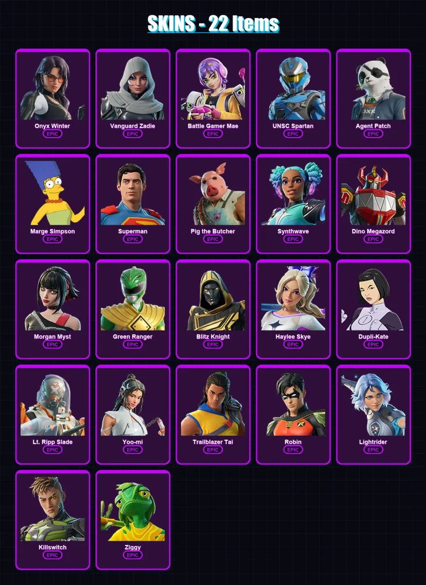 [PC/XBOX] | Onyx Winter | Vanguard Zadie | Battle Gamer Mae | UNSC Spartan | Agent Patch | 22 skin | 62 pickaxe | 34 emote | 45 glider | Lv827