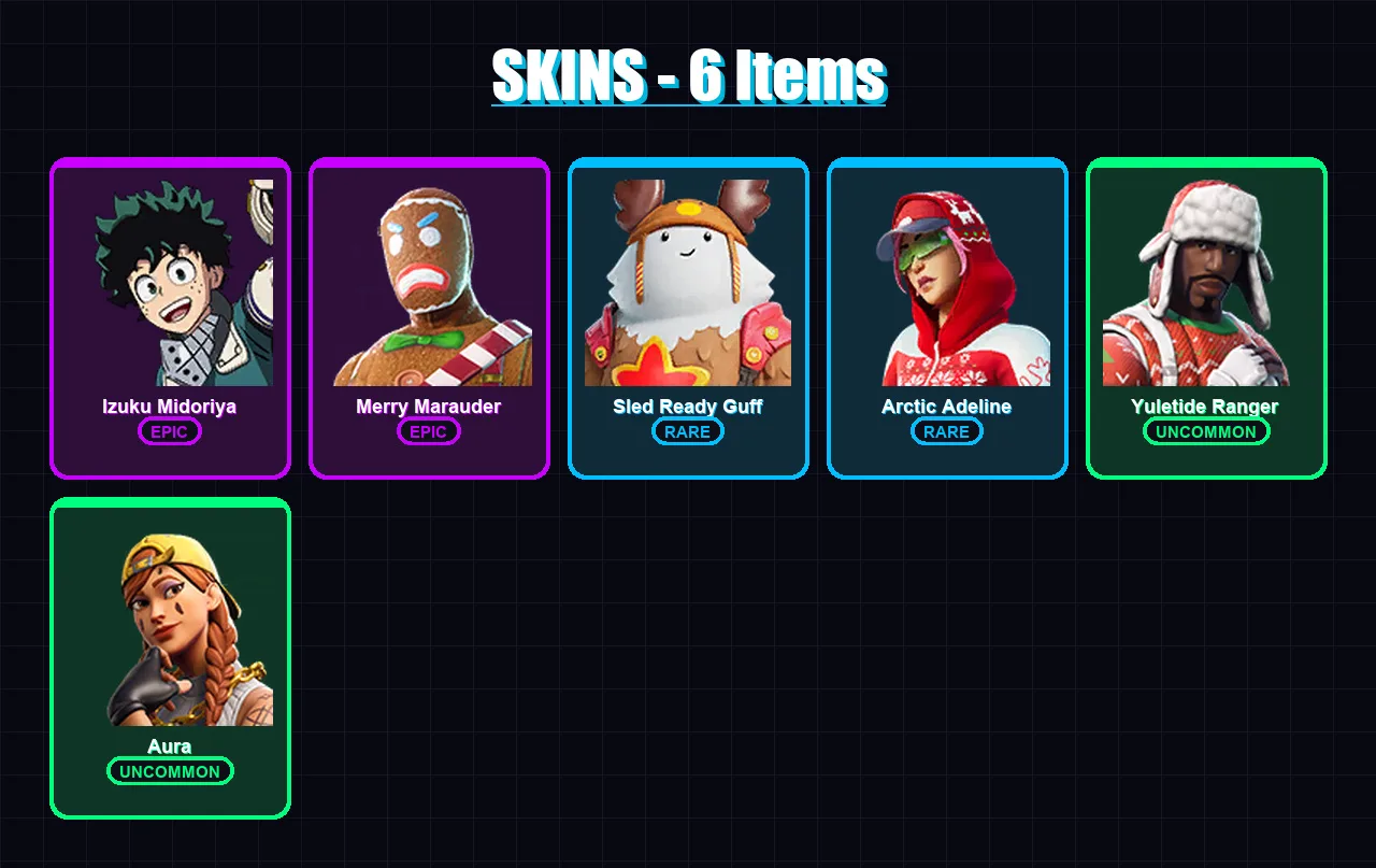 [PC/PSN] | Izuku Midoriya | Merry Marauder | Sled Ready Guff | Arctic Adeline | Yuletide Ranger | 6 skin | 10 pickaxe | 13 emote | 21 glider | Lv397