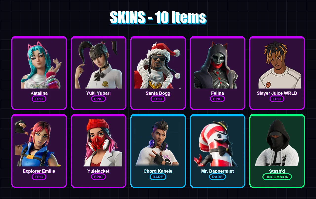 [PC/PSN] | Katalina | Yuki Yubari | Santa Dogg | Felina | Slayer Juice WRLD | 10 skin | 45 pickaxe | 15 emote | 28 glider | Lv308