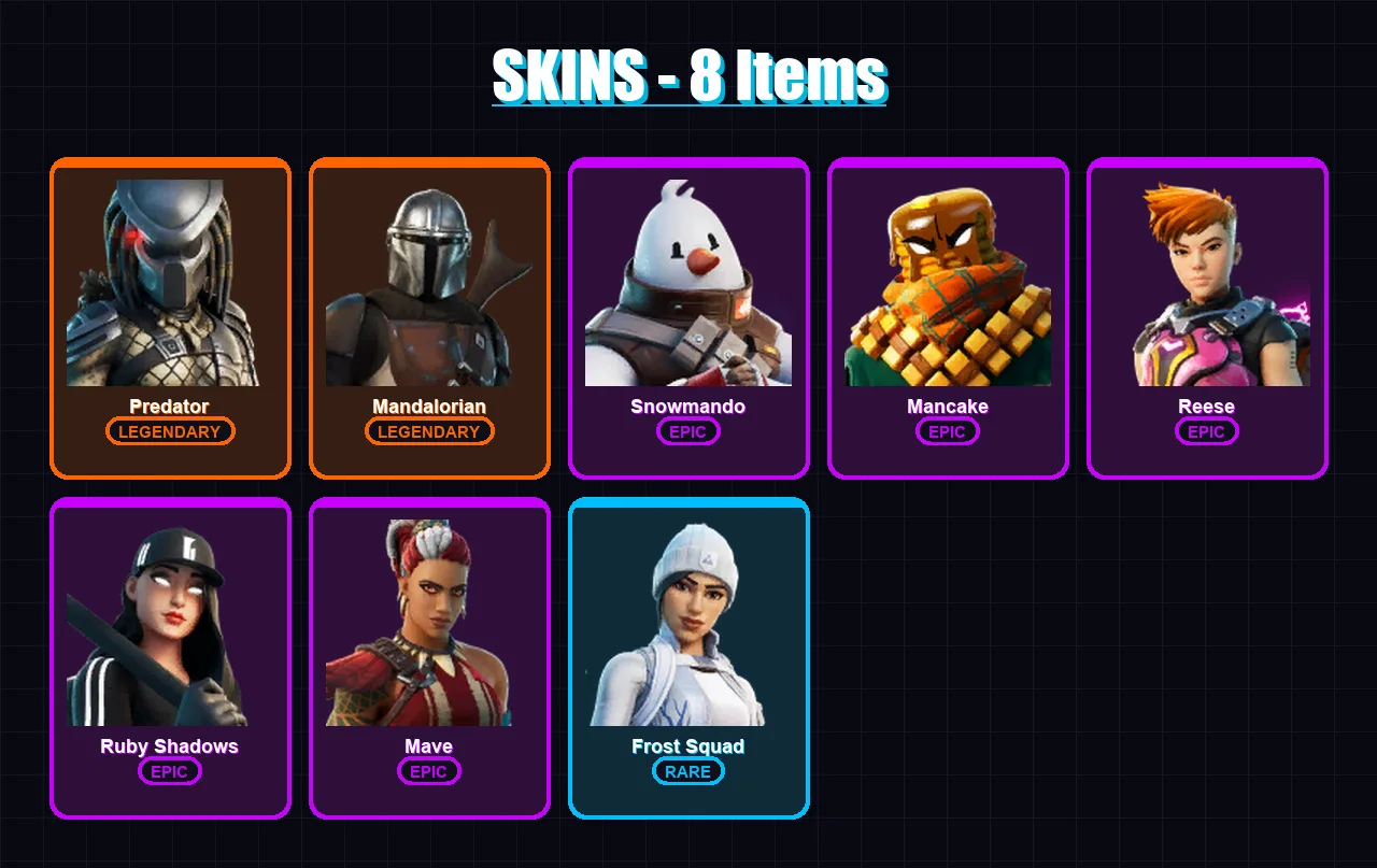 [PS4/PS5/XBOX/PC] | Predator | Mandalorian | Snowmando | Mancake | Reese | 8 skin | 10 pickaxe | 7 emote | 15 glider | Lv138