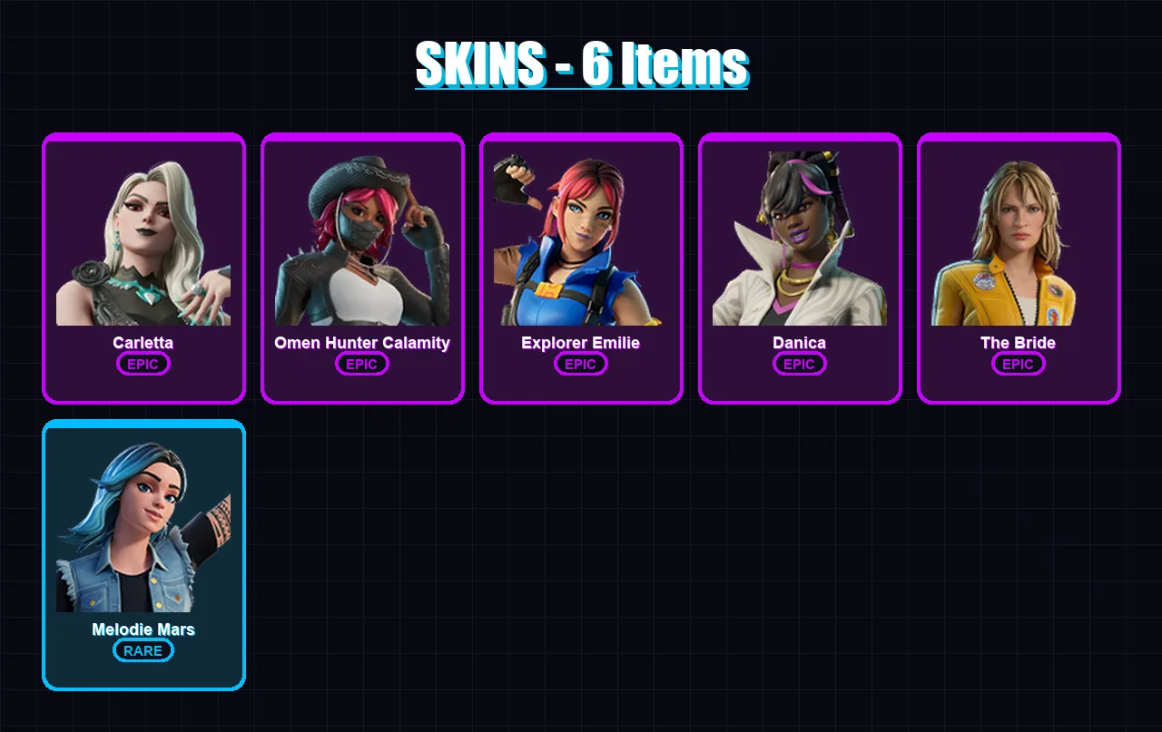 [PC] | Carletta | Omen Hunter Calamity | Explorer Emilie | Danica | The Bride | 6 skin | 4 pickaxe | 3 emote | 3 glider | Lv11