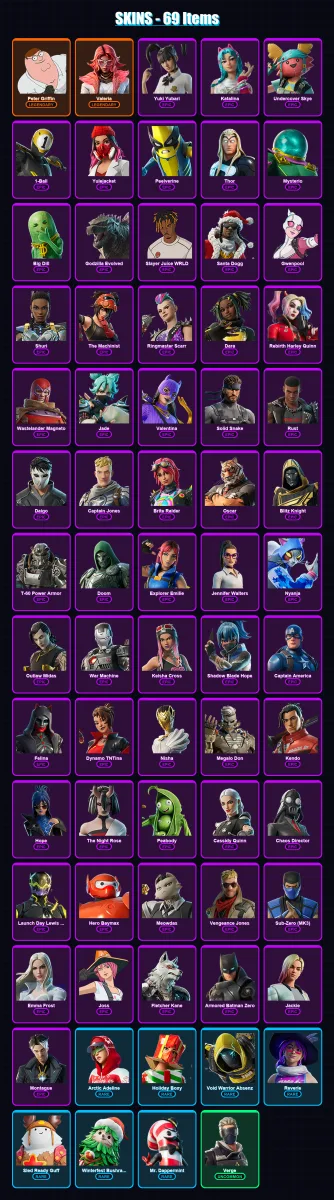[PC/PSN] | Peter Griffin | Valeria | Yuki Yubari | Katalina | Undercover Skye | 69 skin | 111 pickaxe | 70 emote | 68 glider | Lv856