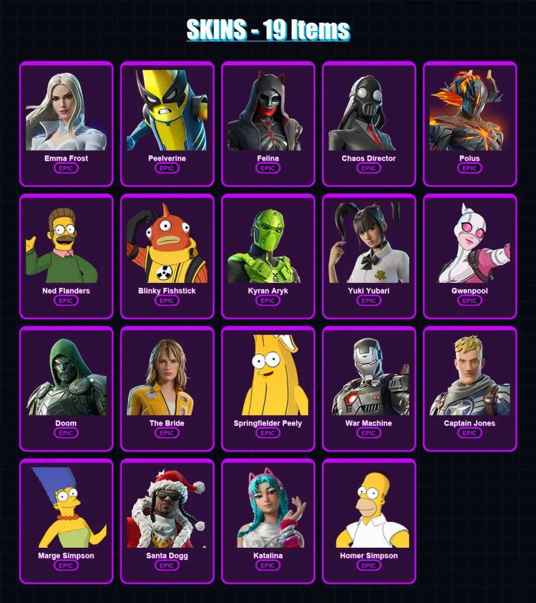 [PC/XBOX/PSN] | Emma Frost | Peelverine | Felina | Chaos Director | Polus | 19 skin | 28 pickaxe | 13 emote | 17 glider | Lv133