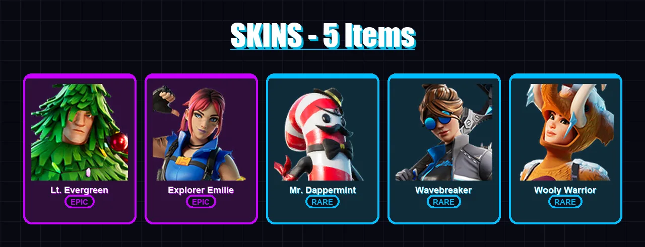 [PC/XBOX/PSN] | Lt. Evergreen | Explorer Emilie | Mr. Dappermint | Wavebreaker | Wooly Warrior | 5 skin | 4 pickaxe | 6 emote | 4 glider | Lv70