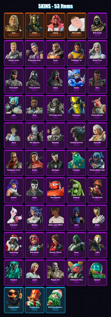 [PC/PSN] | Zeus | Hades | Valeria | Peter Griffin | Blitz Knight | 53 skin | 93 pickaxe | 64 emote | 69 glider | Lv885