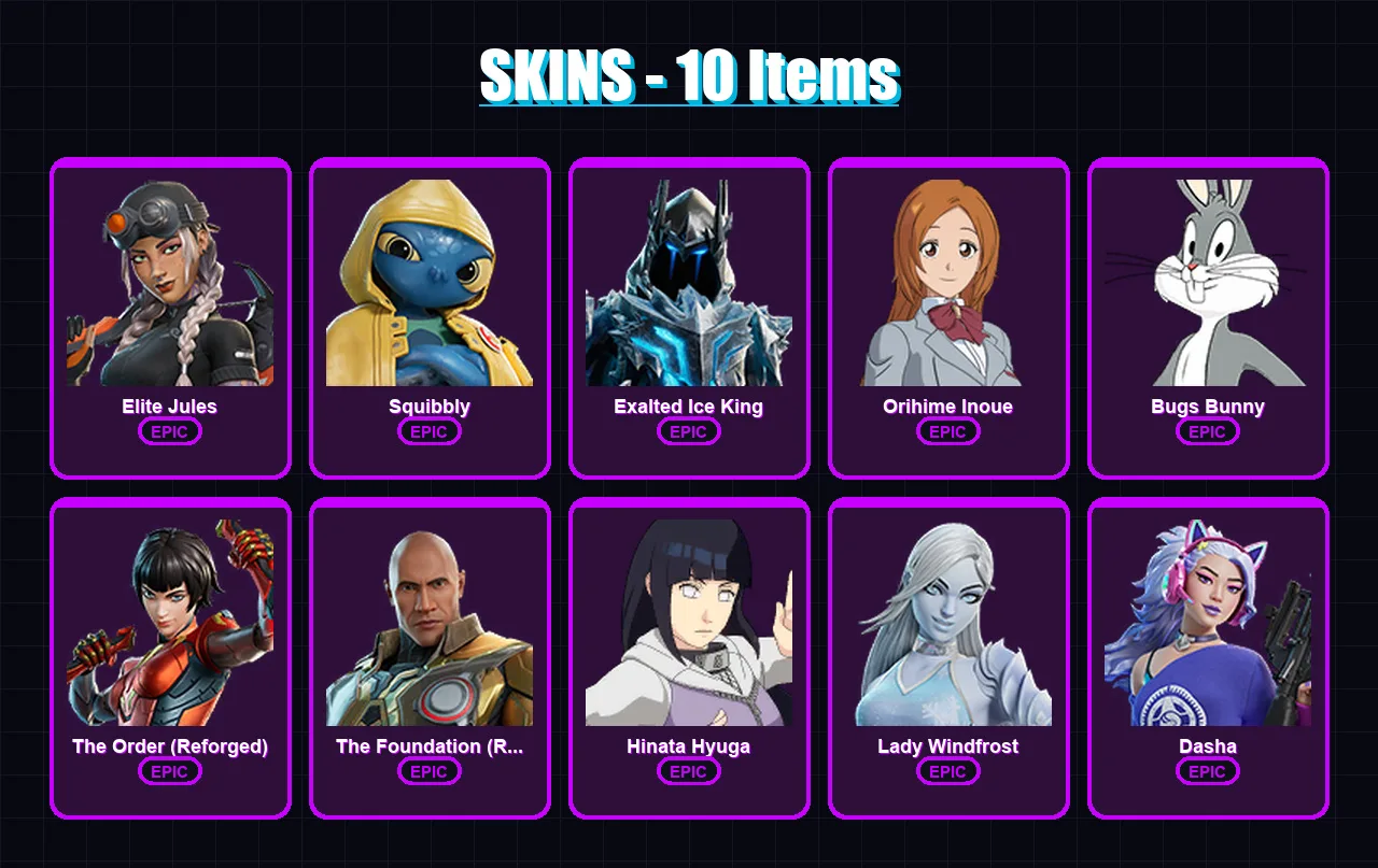 [PC/XBOX/PSN] | Elite Jules | Squibbly | Exalted Ice King | Orihime Inoue | Bugs Bunny | 10 skin | 16 pickaxe | 20 emote | 13 glider | Lv219