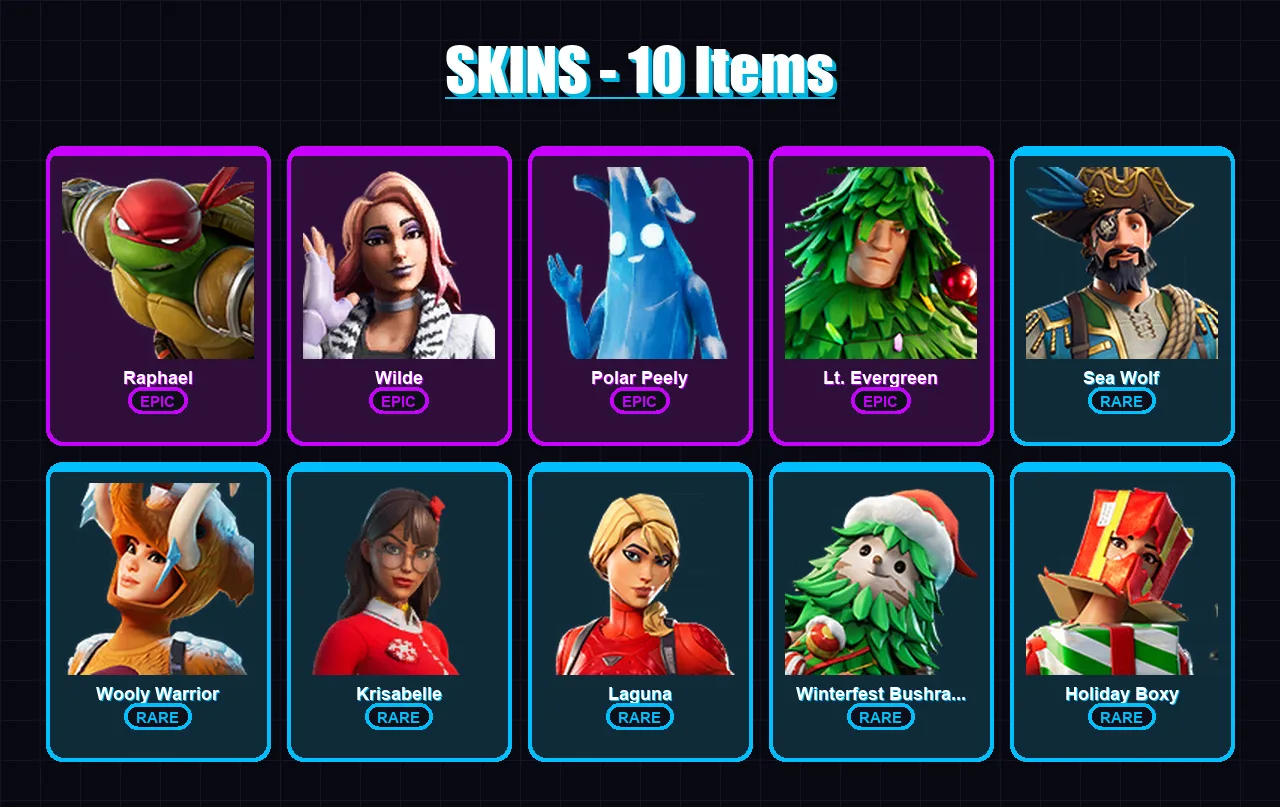 [PC/XBOX] | Raphael | Wilde | Polar Peely | Lt. Evergreen | Sea Wolf | 10 skin | 16 pickaxe | 16 emote | 15 glider | Lv208