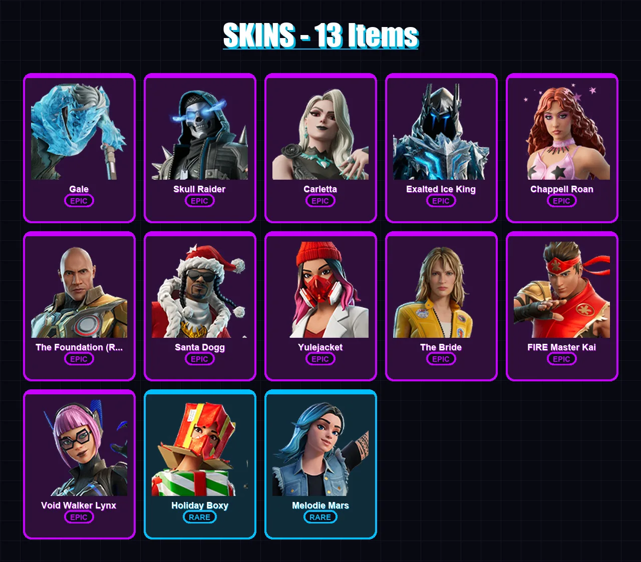 [PC/PSN] | Gale | Skull Raider | Carletta | Exalted Ice King | Chappell Roan | 13 skin | 30 pickaxe | 10 emote | 18 glider | Lv185 — Fortnite account