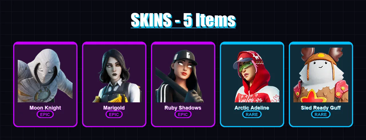 [PC/XBOX/PSN] | Moon Knight | Marigold | Ruby Shadows | Arctic Adeline | Sled Ready Guff | 5 skin | 19 pickaxe | 14 emote | 15 glider | Lv199