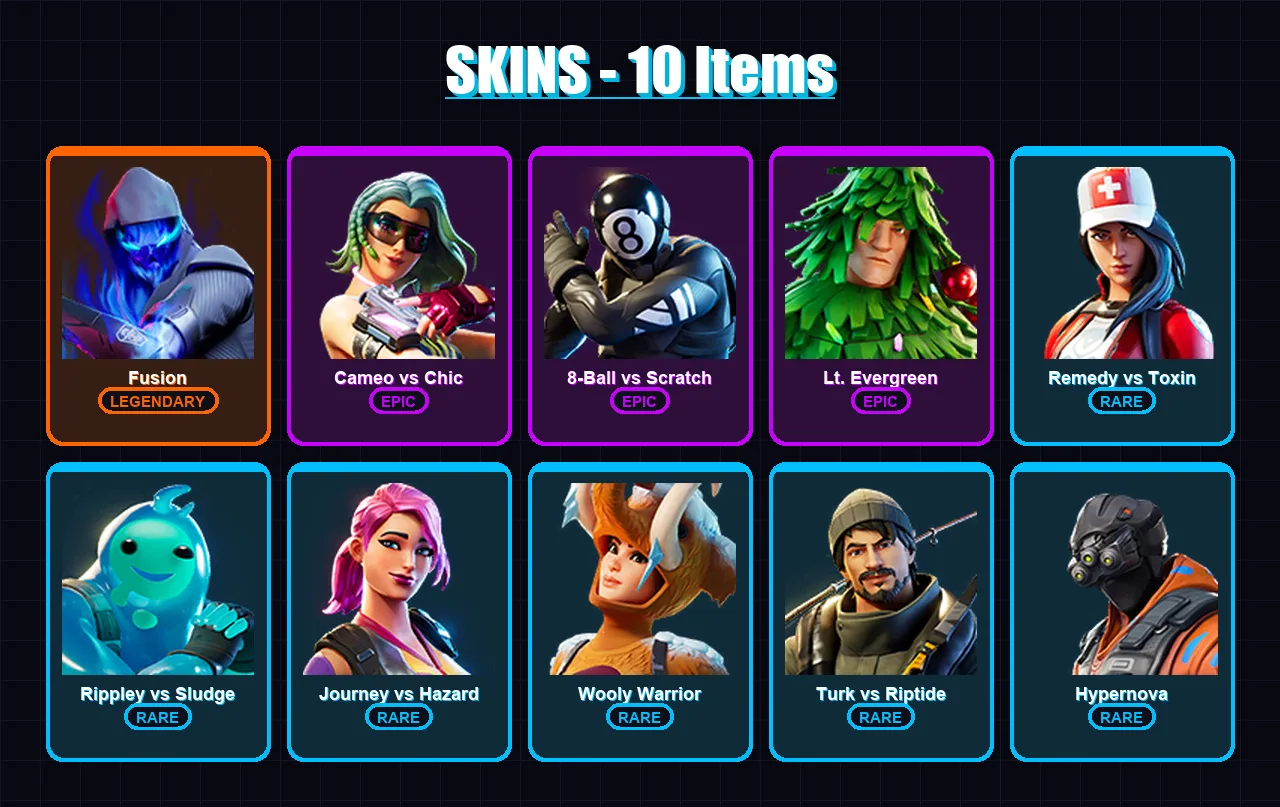 [PC/XBOX/PSN] | Fusion | Cameo vs Chic | 8-Ball vs Scratch | Lt. Evergreen | Remedy vs Toxin | 10 skin | 12 pickaxe | 12 emote | 12 glider | Lv214