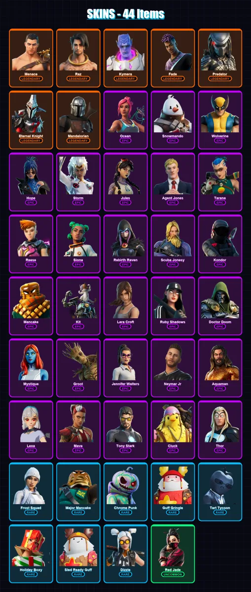 [PC/XBOX/PSN] | Menace | Raz | Kymera | Fade | Predator | 44 skin | 62 pickaxe | 42 emote | 64 glider | Lv1013