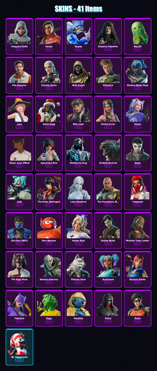 [PC/XBOX/PSN] | Vanguard Zadie | Kendo | Nyanja | Emperor Palpatine | Big Dill | 41 skin | 73 pickaxe | 42 emote | 52 glider | Lv1620