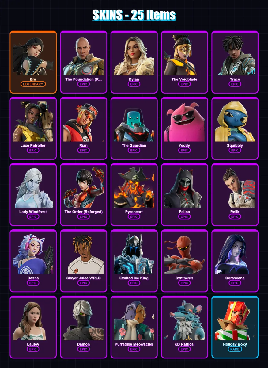 [PC/XBOX/PSN] | Era | The Foundation (Reforged) | Dylan | The Voidblade | Trace | 25 skin | 51 pickaxe | 23 emote | 35 glider | Lv347