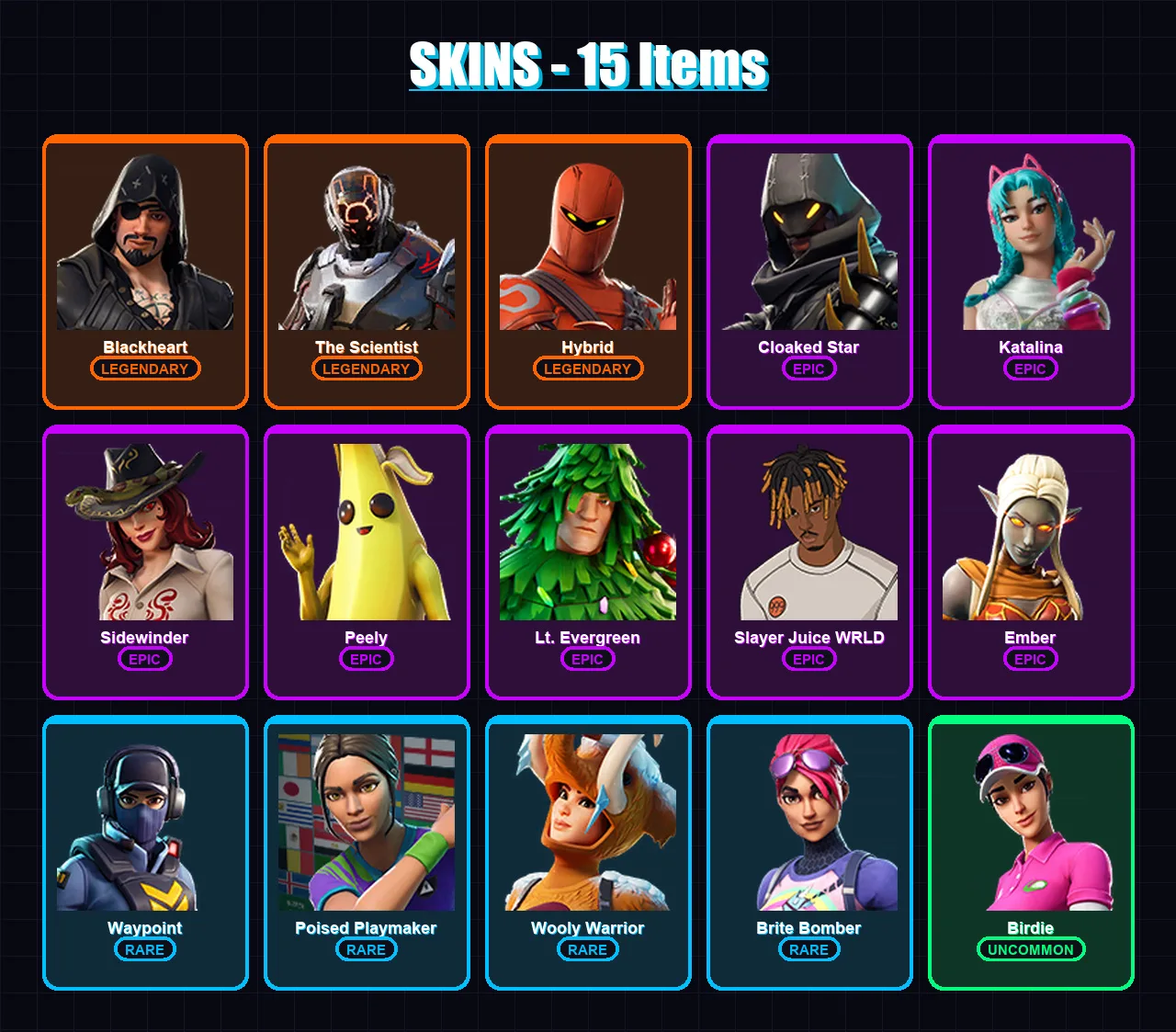[PC/XBOX/PSN] | Blackheart | The Scientist | Hybrid | Cloaked Star | Katalina | 15 skin | 22 pickaxe | 45 emote | 27 glider | Lv519