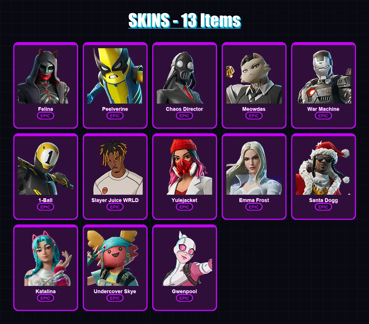 [PC/XBOX/PSN] | Felina | Peelverine | Chaos Director | Meowdas | War Machine | 13 skin | 25 pickaxe | 14 emote | 17 glider | Lv114