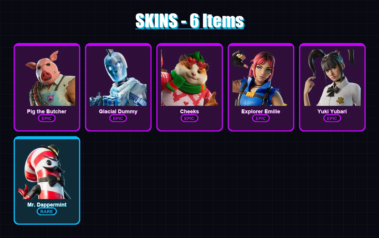 [PC/PSN] | Pig the Butcher | Glacial Dummy | Cheeks | Explorer Emilie | Yuki Yubari | 6 skin | 41 pickaxe | 22 emote | 29 glider | Lv451