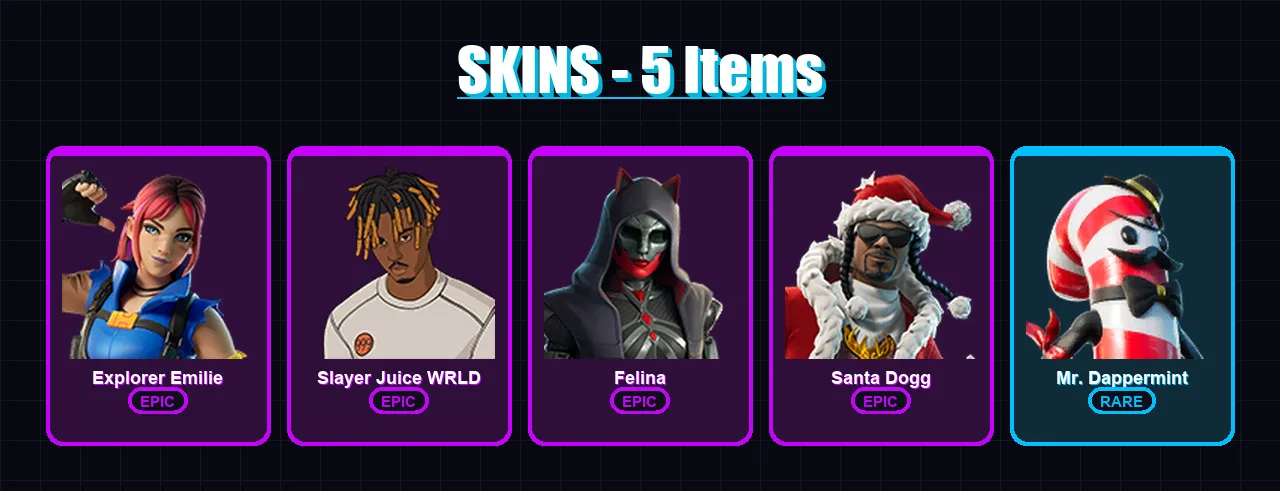 [PC/XBOX/PSN] | Explorer Emilie | Slayer Juice WRLD | Felina | Santa Dogg | Mr. Dappermint | 5 skin | 22 pickaxe | 10 emote | 16 glider | Lv334