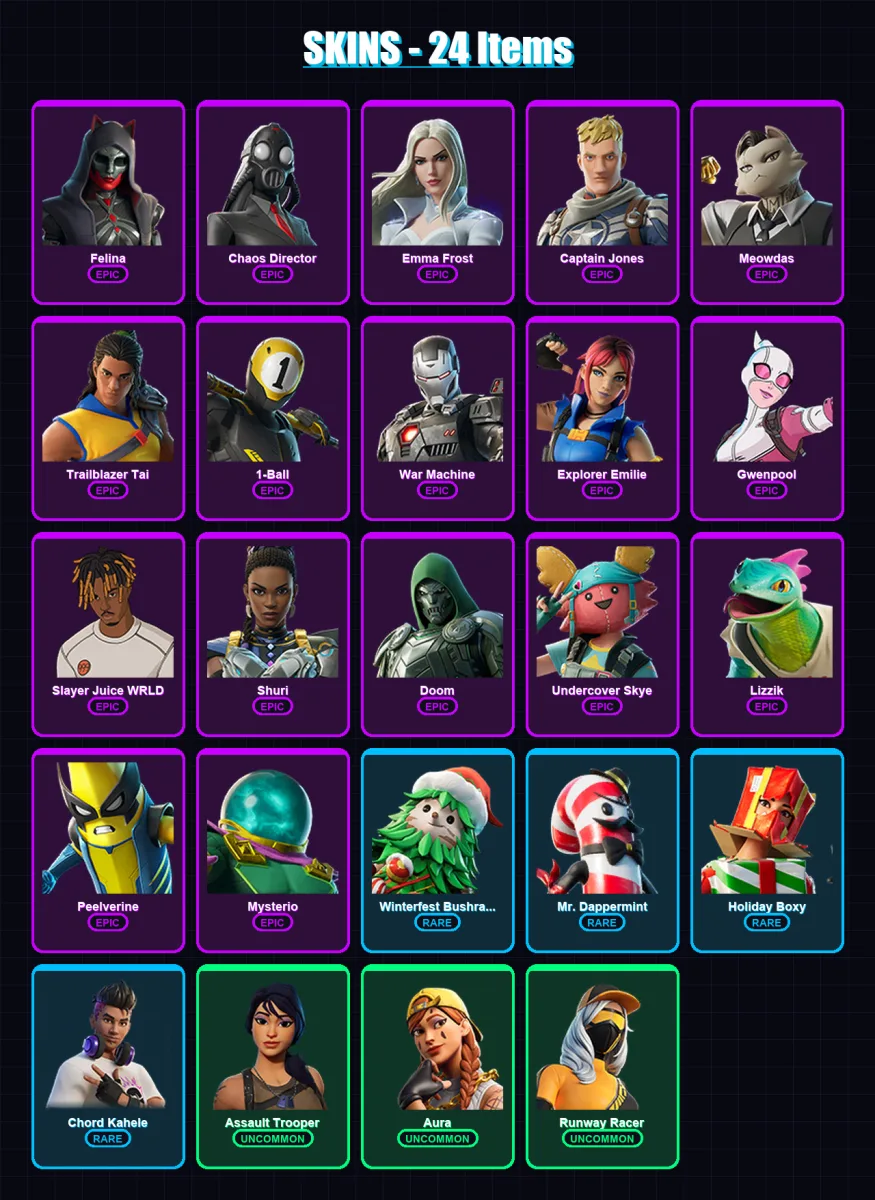 [PC/XBOX/PSN] | Felina | Chaos Director | Emma Frost | Captain Jones | Meowdas | 24 skin | 59 pickaxe | 43 emote | 33 glider | Lv729
