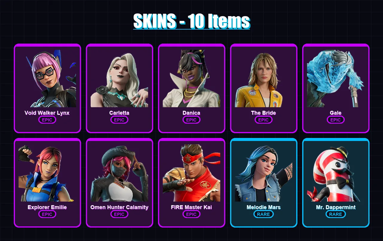 [PC/XBOX/PSN] | Void Walker Lynx | Carletta | Danica | The Bride | Gale | 10 skin | 10 pickaxe | 7 emote | 8 glider | Lv41