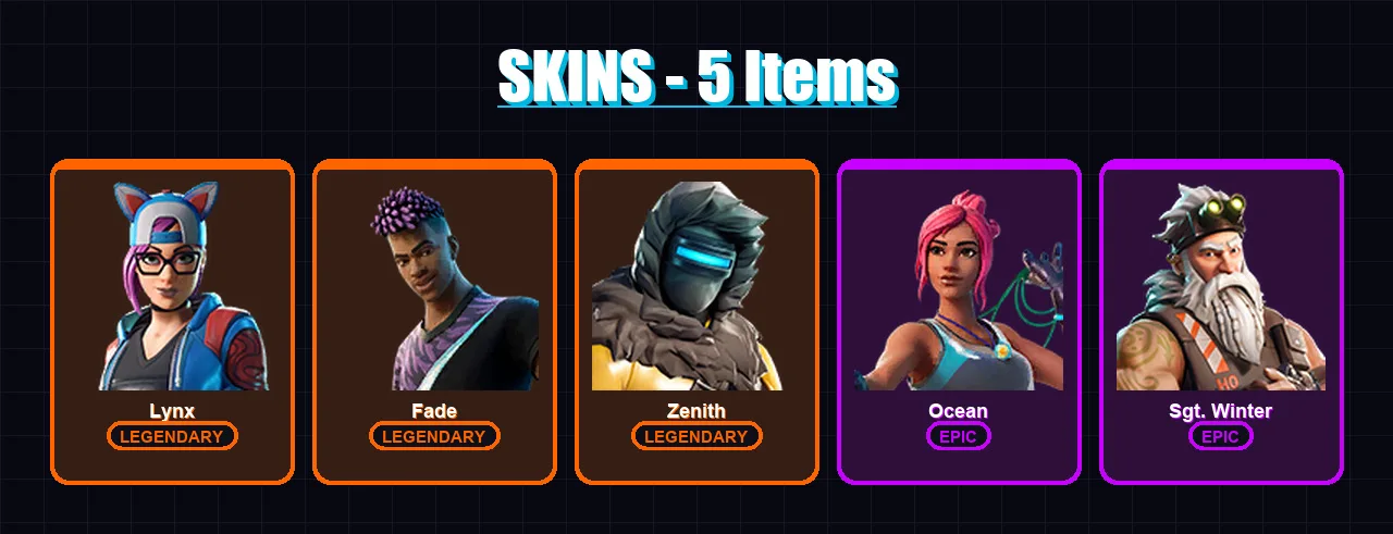 [PC/XBOX/PSN] | Lynx | Fade | Zenith | Ocean | Sgt. Winter | 5 skin | 6 pickaxe | 7 emote | 14 glider | Lv104