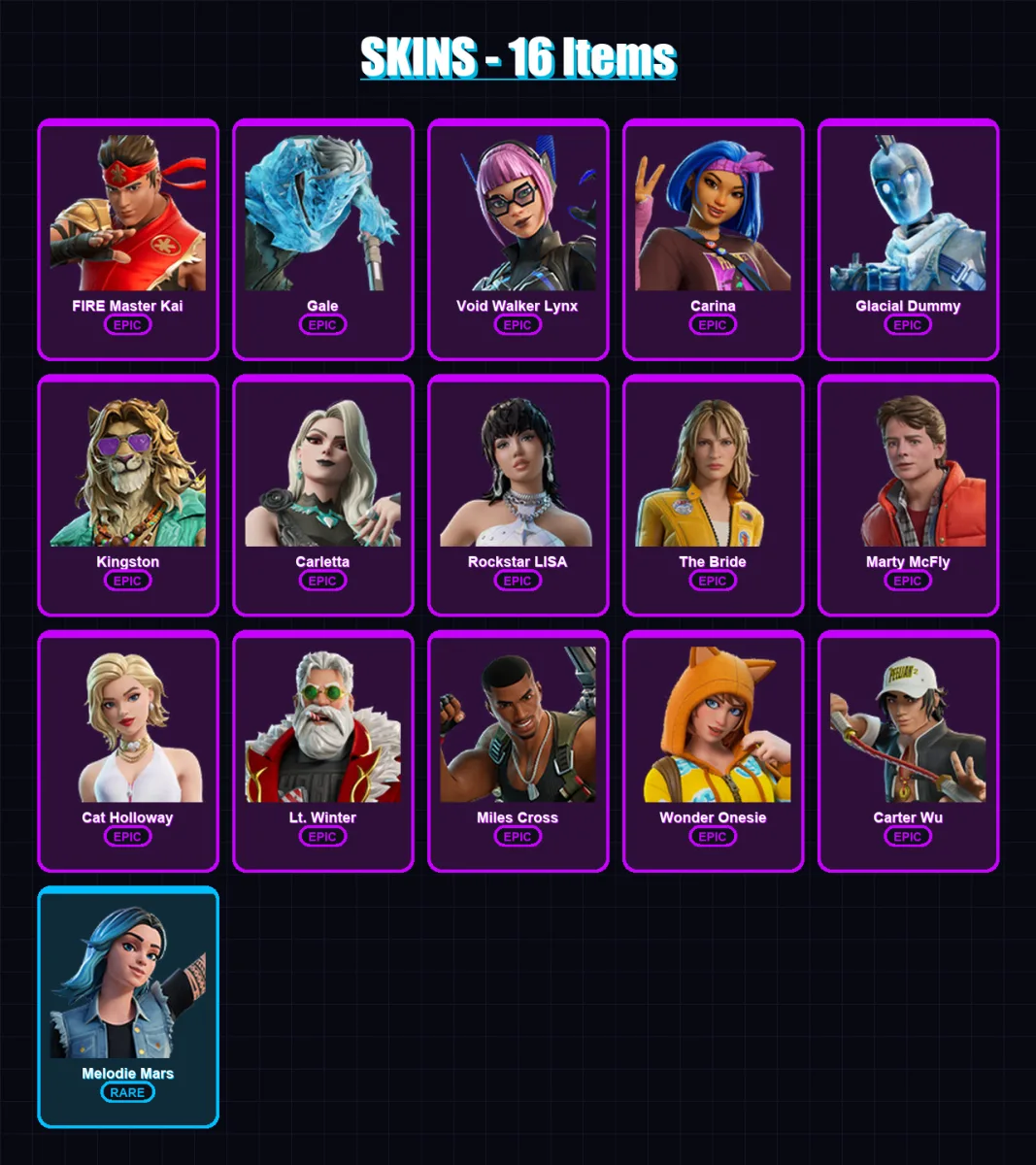 [PC/XBOX/PSN] | FIRE Master Kai | Gale | Void Walker Lynx | Carina | Glacial Dummy | 16 skin | 23 pickaxe | 15 emote | 15 glider | Lv94