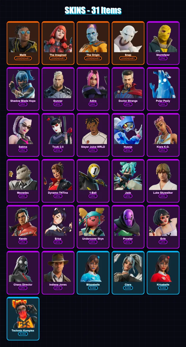 [PC/XBOX] | Malik | The Imagined | The Origin | Snap | Stormfarer | 31 skin | 53 pickaxe | 32 emote | 40 glider | Lv757