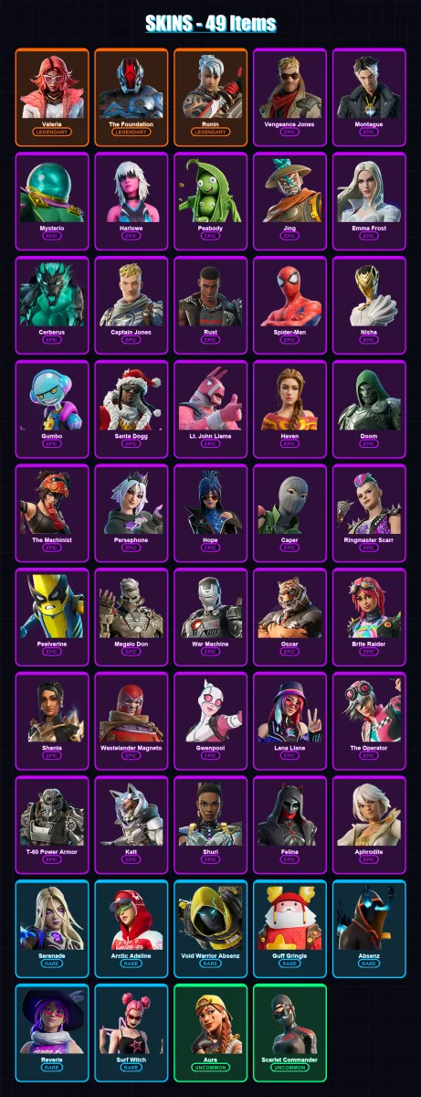 [PC/XBOX/PSN] | Valeria | The Foundation | Ronin | Vengeance Jones | Montague | 49 skin | 98 pickaxe | 59 emote | 70 glider | Lv1056