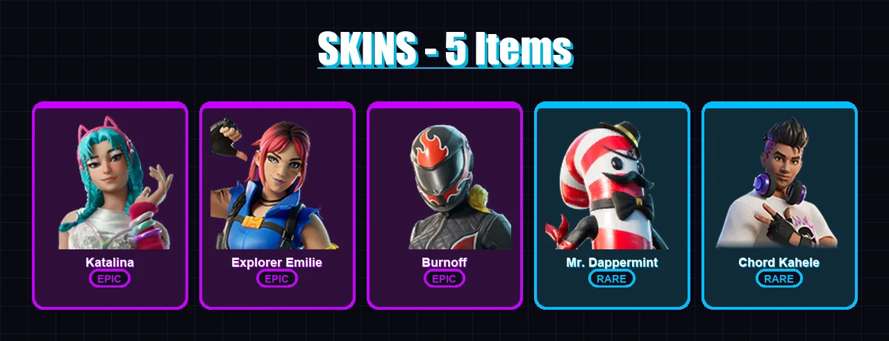 [PC/XBOX] | Katalina | Explorer Emilie | Burnoff | Mr. Dappermint | Chord Kahele | 5 skin | 11 pickaxe | 3 emote | 7 glider | Lv50
