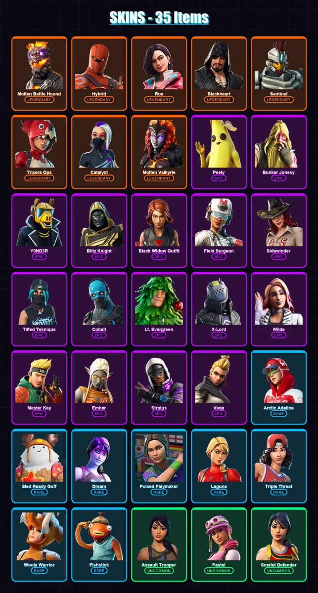[PC/XBOX/PSN] | Molten Battle Hound | Hybrid | Rox | Blackheart | Sentinel | 35 skin | 56 pickaxe | 53 emote | 56 glider | Lv634