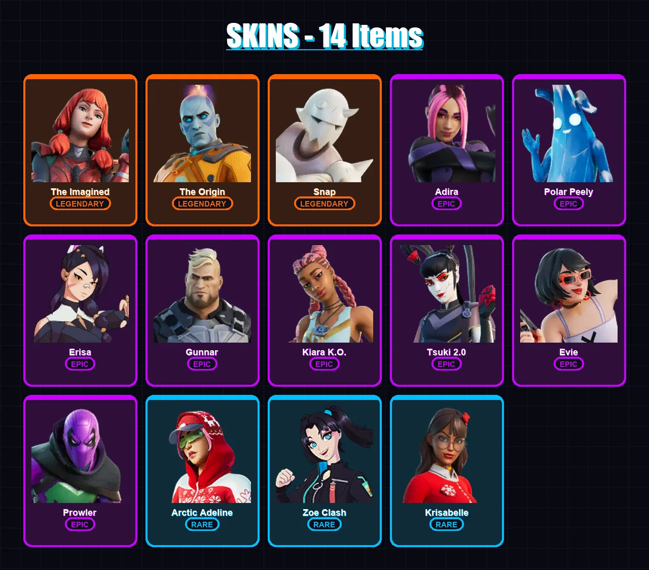 [PC/XBOX/PSN] | The Imagined | The Origin | Snap | Adira | Polar Peely | 14 skin | 24 pickaxe | 24 emote | 30 glider | Lv417