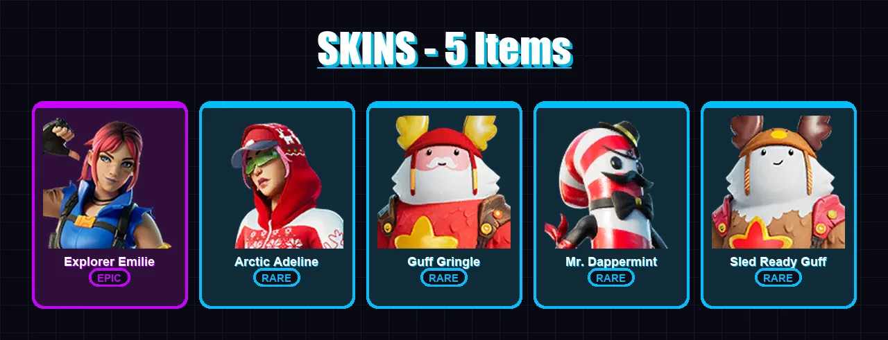 [PC/XBOX/PSN] | Explorer Emilie | Arctic Adeline | Guff Gringle | Mr. Dappermint | Sled Ready Guff | 5 skin | 4 pickaxe | 2 emote | 5 glider | Lv31