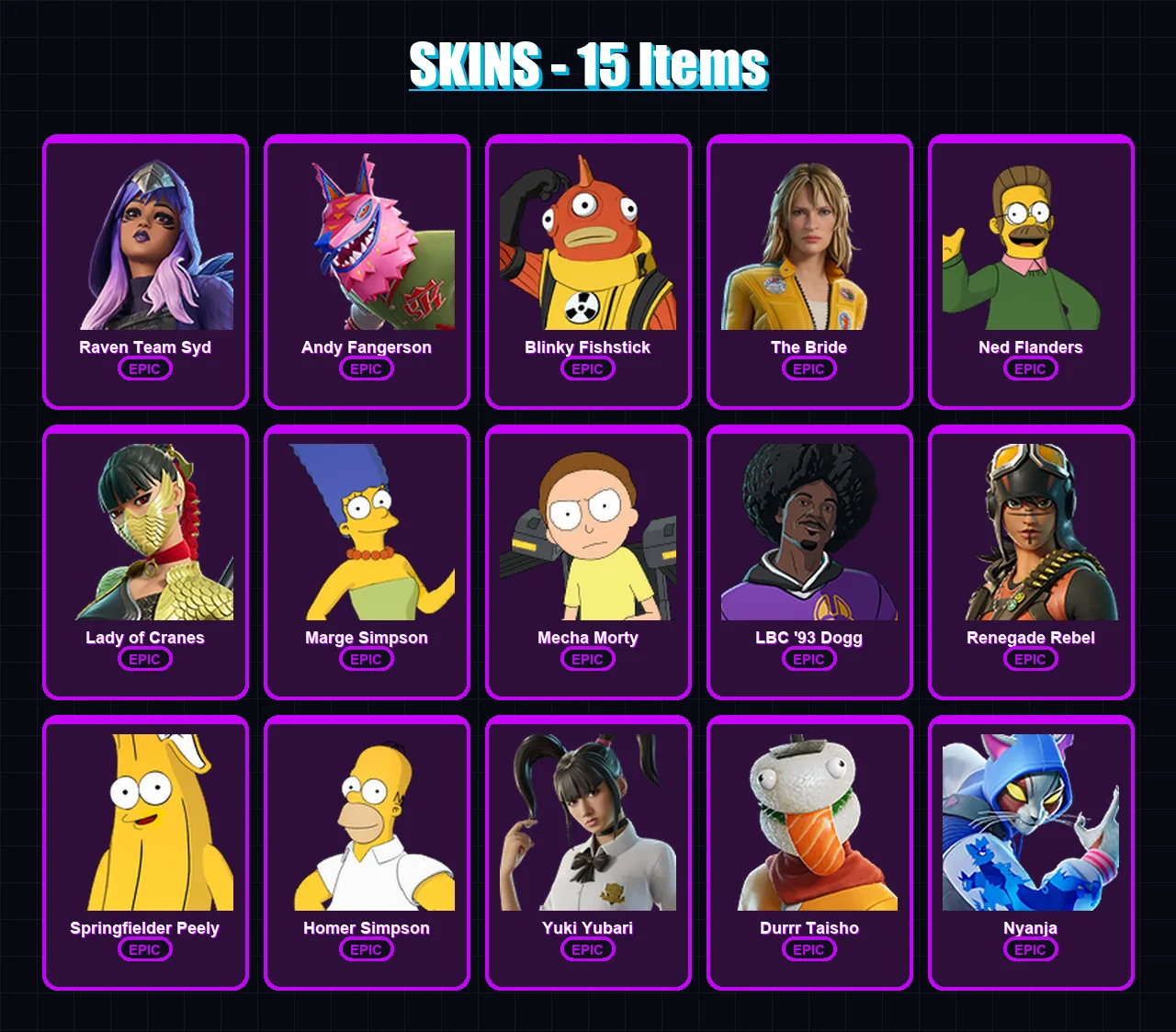 [PC/XBOX/PSN] | Raven Team Syd | Andy Fangerson | Blinky Fishstick | The Bride | Ned Flanders | 15 skin | 18 pickaxe | 10 emote | 11 glider | Lv70 — Fortnite account