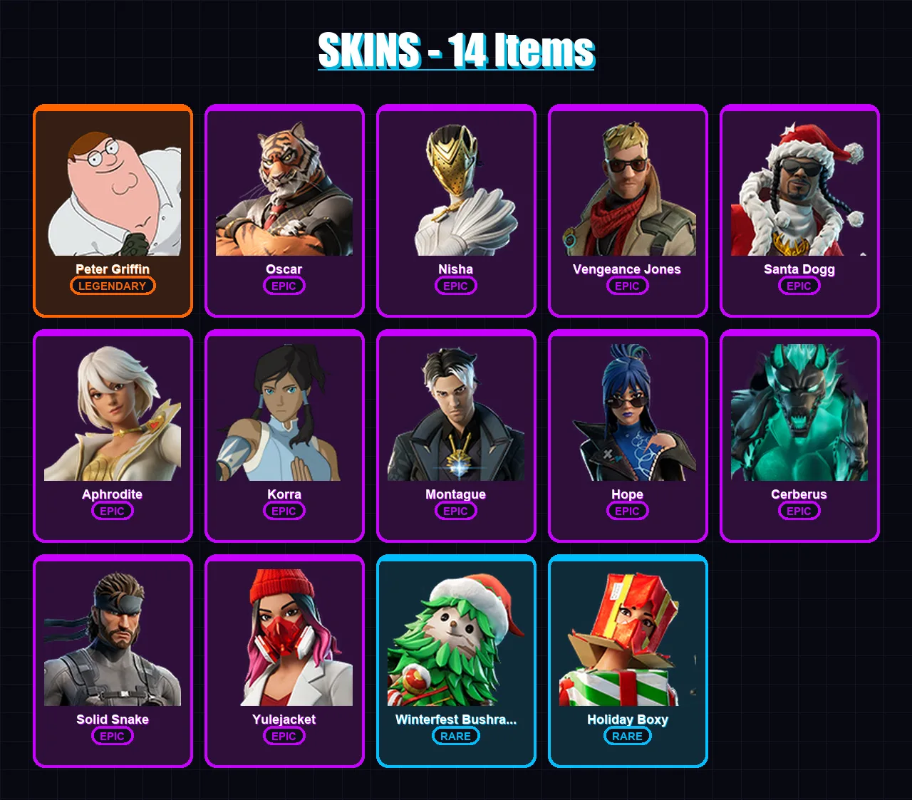 [PS4/PS5/XBOX/PC] | Peter Griffin | Oscar | Nisha | Vengeance Jones | Santa Dogg | 14 skin | 36 pickaxe | 14 emote | 29 glider | Lv381