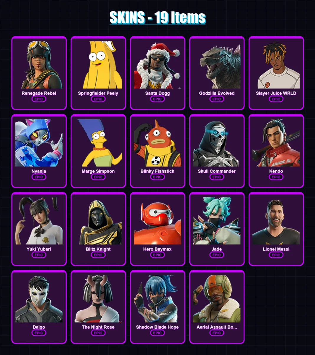 [PS4/PS5/XBOX/PC] | Renegade Rebel | Springfielder Peely | Santa Dogg | 19 skin | Lv642 — Fortnite account