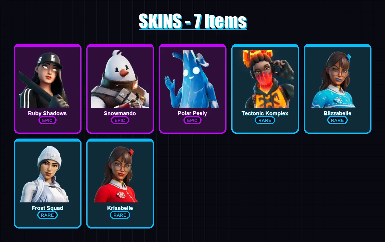 [PC/XBOX/PSN] | Ruby Shadows | Snowmando | Polar Peely | Tectonic Komplex | Blizzabelle | 7 skin | 34 pickaxe | 36 emote | 33 glider | Lv1156