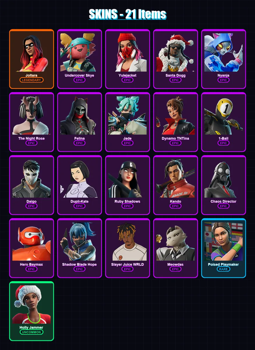 [PC/XBOX/PSN] | Joltara | Undercover Skye | Yulejacket | Santa Dogg | Nyanja | 21 skin | 54 pickaxe | 26 emote | 37 glider | Lv682