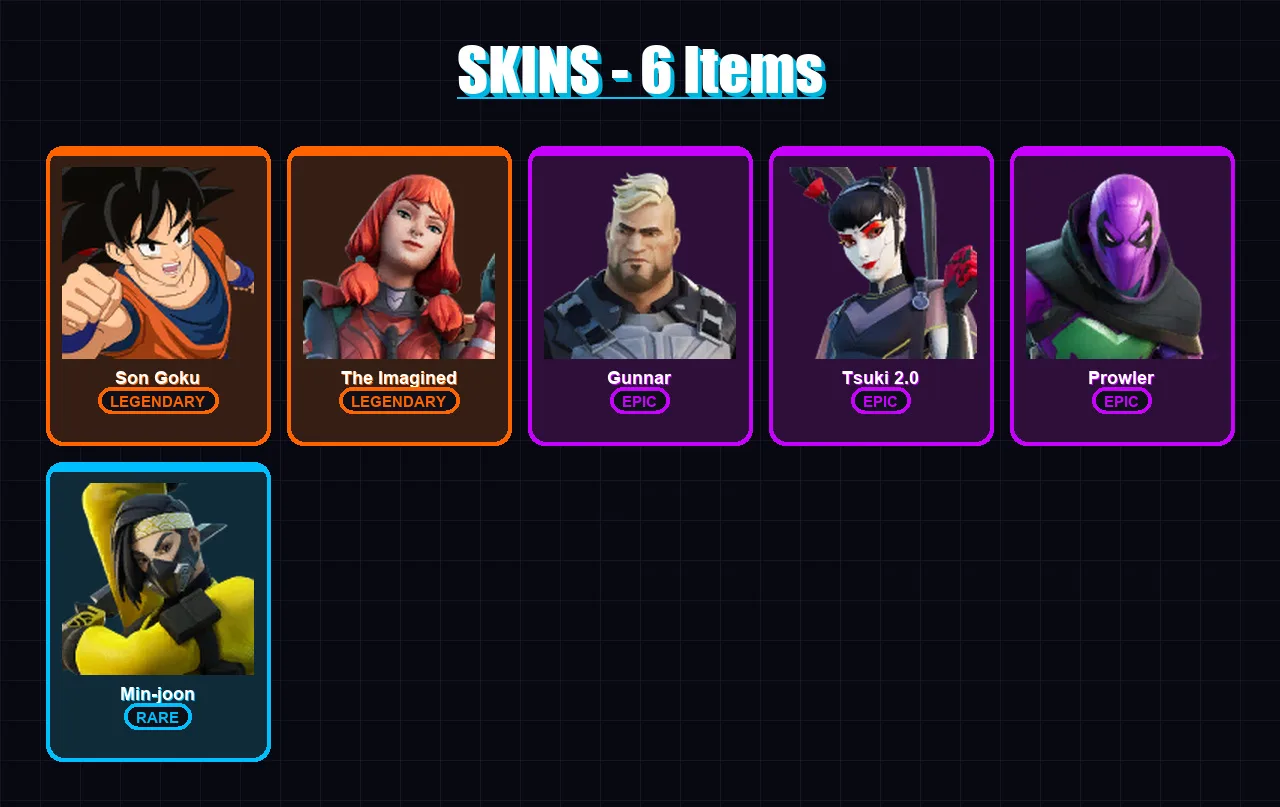 [SWITCH/XBOX/PSN/PC] | Son Goku | The Imagined | Gunnar | Tsuki 2.0 | Prowler | 6 skin | 16 pickaxe | 8 emote | 14 glider | Lv107