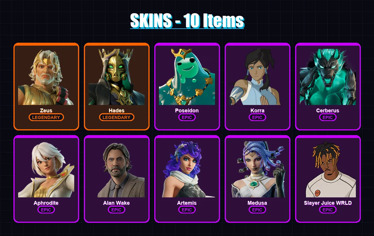[PC/XBOX/PSN] | Zeus | Hades | Poseidon | Korra | Cerberus | 10 skin | 19 pickaxe | 22 emote | 14 glider | Lv191