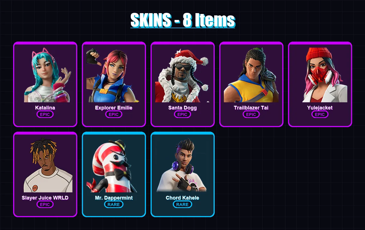 [SWITCH/XBOX/PSN/PC] | Katalina | Explorer Emilie | Santa Dogg | Trailblazer Tai | Yulejacket | 8 skin | 21 pickaxe | 12 emote | 16 glider | Lv202