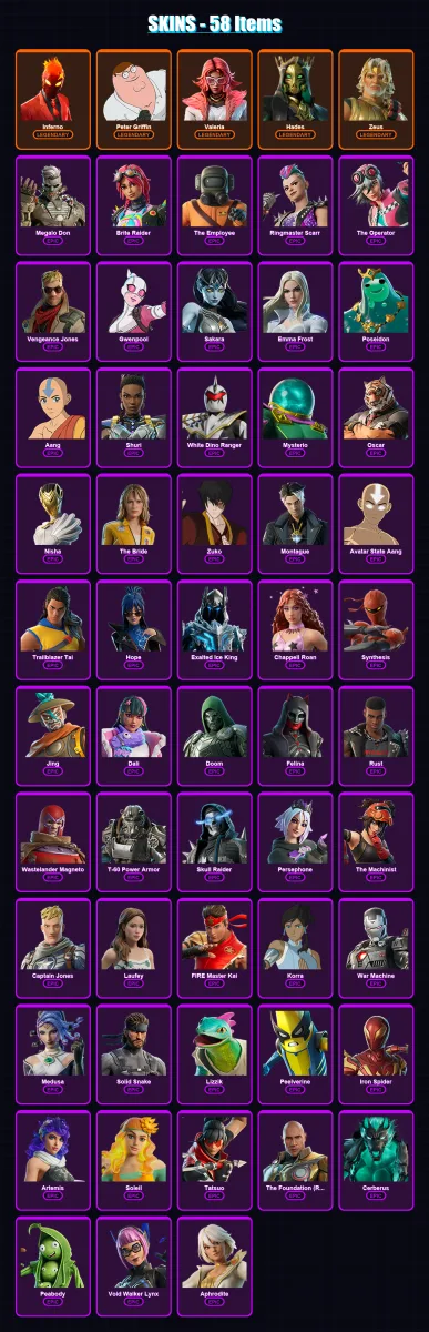[PC/XBOX/PSN] | Inferno | Peter Griffin | Valeria | Hades | Zeus | 58 skin | 84 pickaxe | 51 emote | 50 glider | Lv974