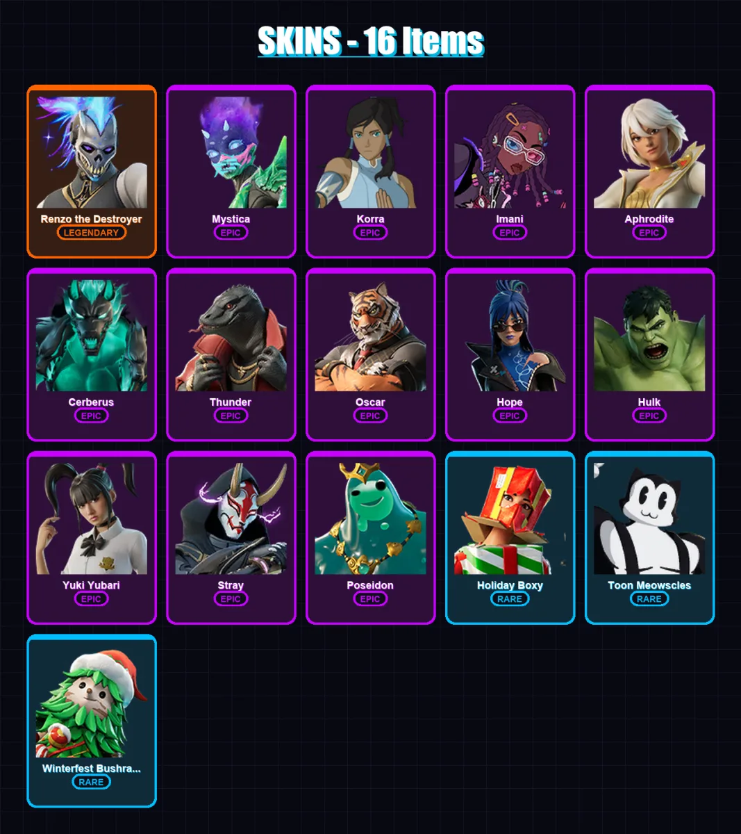 [PS4/PS5/XBOX/PC] | Renzo the Destroyer | Mystica | Korra | Imani | Aphrodite | 16 skin | 35 pickaxe | 21 emote | 35 glider | Lv410 — Fortnite account